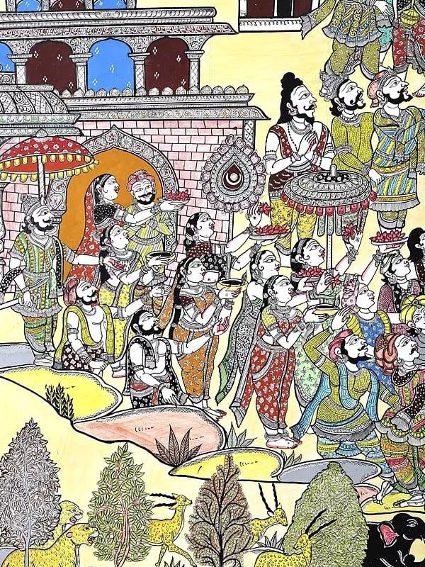 Exotic India Lord Rama Returning To Ayodhya In Pushpak Viman - Celebration View | Superfine Pattachitra Painting From Odisha 