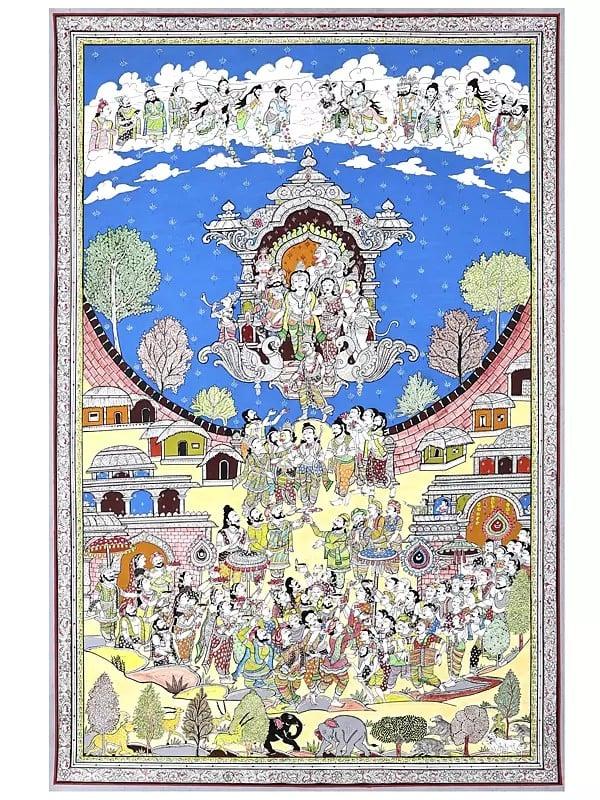 exotic india Lord Rama Returning to Ayodhya in Pushpak Viman - Celebration View | Superfine Pattachitra Painting from Odisha 