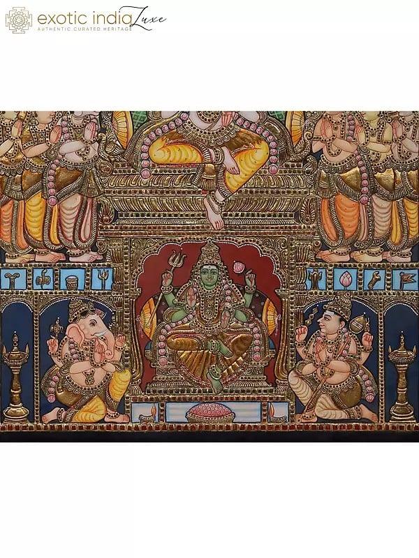 Exotic India Lord Shiva Dharbar With Ganesha & Kartikeya Tanjore Painting With Frame | Traditional Colors With 24 Karat Gold