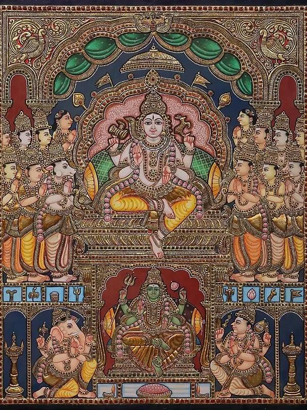 Exotic India Lord Shiva Dharbar With Ganesha & Kartikeya Tanjore Painting With Frame | Traditional Colors With 24 Karat Gold