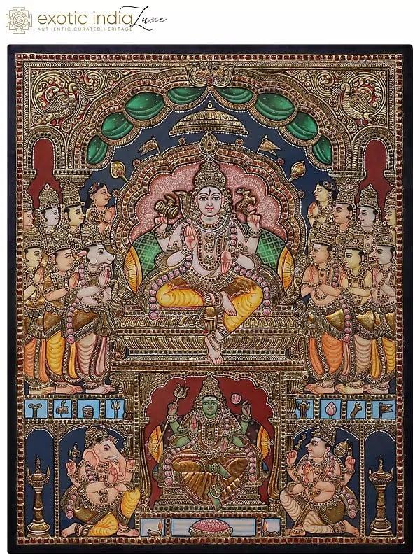 exotic india Lord Shiva Dharbar with Ganesha & Kartikeya Tanjore Painting with Frame | Traditional Colors with 24 Karat Gold