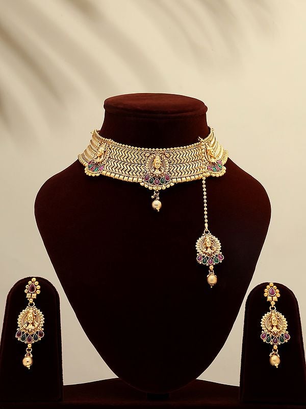 exotic india Lord Shiva Face Choker Set with Earring and Mangtika 