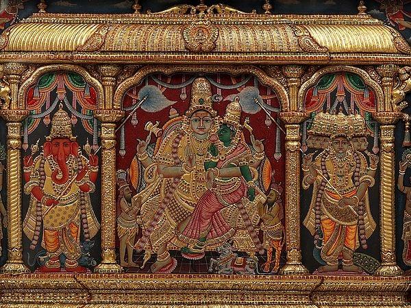 Exotic India Lord Shiva Family | 22 Karat Gold Embossed Work | Tanjore Painting With Vintage Teakwood Frame 
