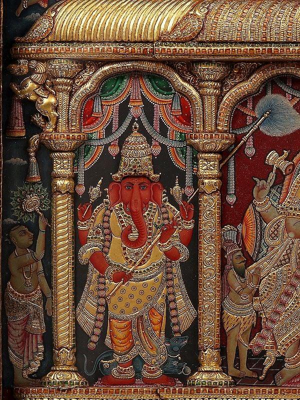 Exotic India Lord Shiva Family | 22 Karat Gold Embossed Work | Tanjore Painting With Vintage Teakwood Frame 