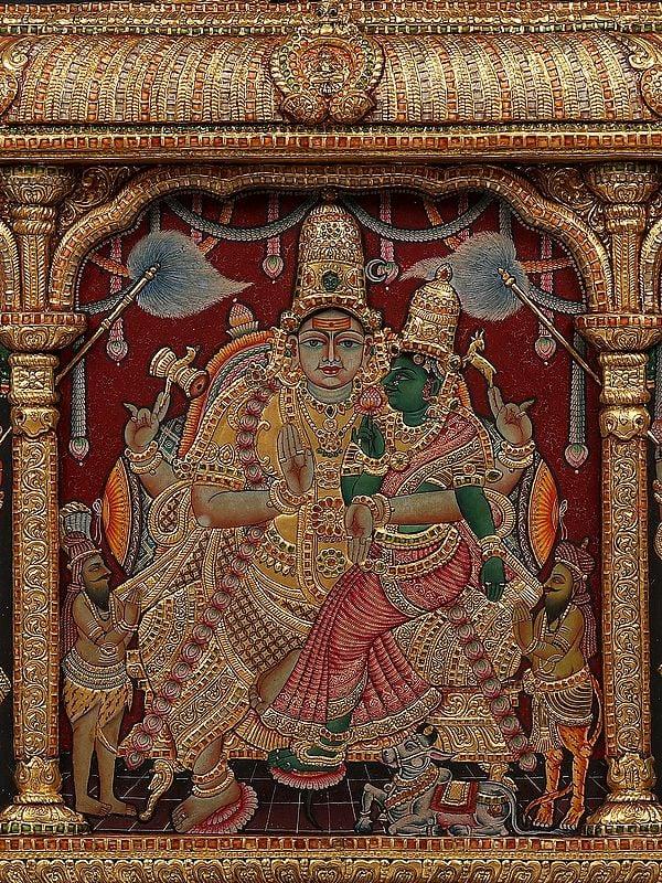 Exotic India Lord Shiva Family | 22 Karat Gold Embossed Work | Tanjore Painting With Vintage Teakwood Frame 