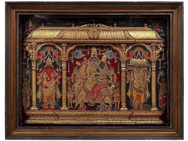 exotic india Lord Shiva Family | 22 Karat Gold Embossed Work | Tanjore Painting with Vintage Teakwood Frame