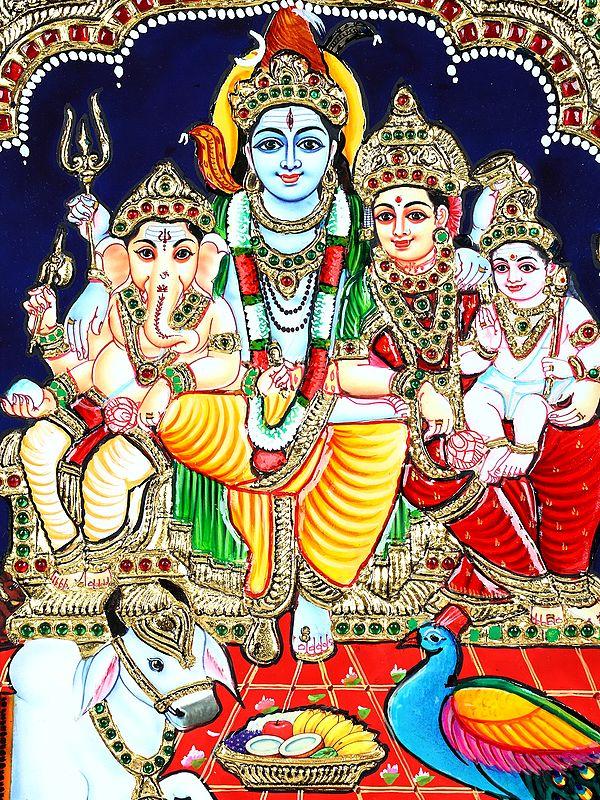Exotic India Lord Shiva Family | 24 Karat Gold Work | Framed Tanjore Painting