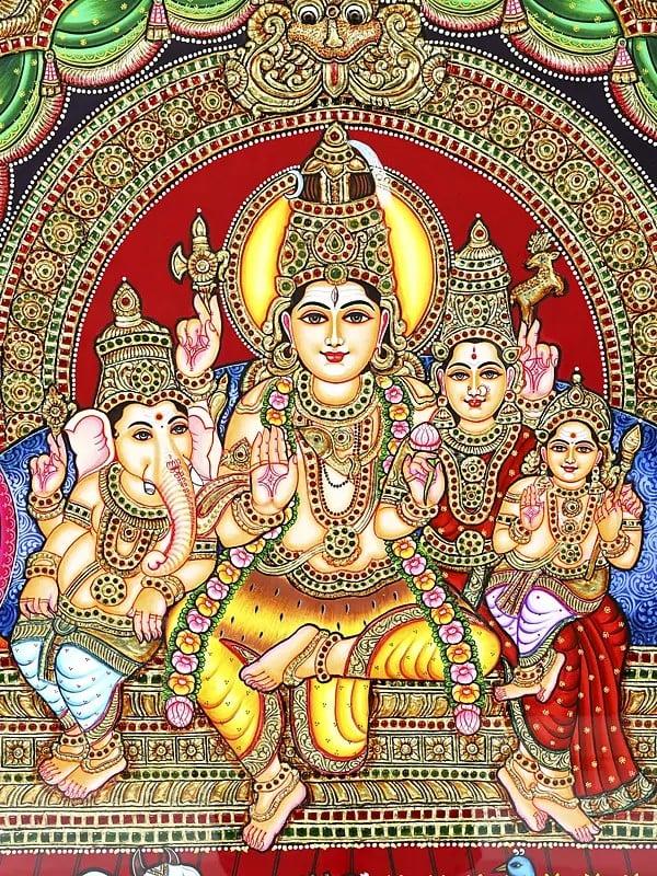 Exotic India Lord Shiva Family | 24 Karat Gold Work | Framed Tanjore Painting