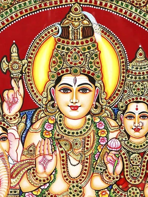 Exotic India Lord Shiva Family | 24 Karat Gold Work | Framed Tanjore Painting