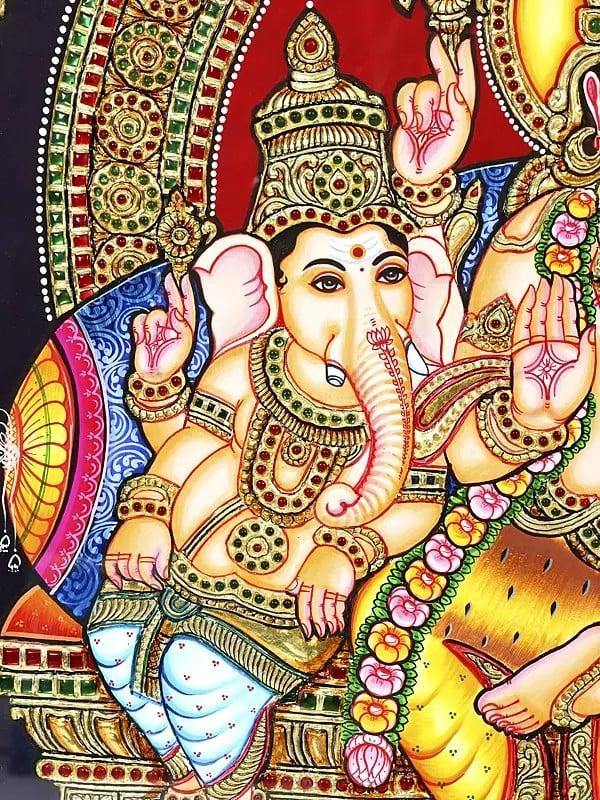 Exotic India Lord Shiva Family | 24 Karat Gold Work | Framed Tanjore Painting