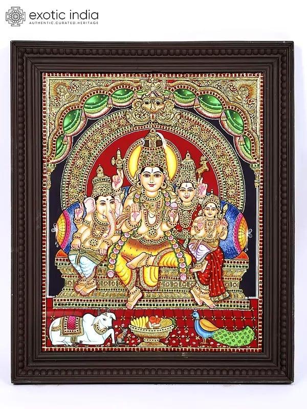 exotic india Lord Shiva Family | 24 Karat Gold Work | Framed Tanjore Painting 