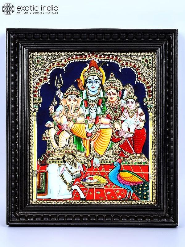 exotic india Lord Shiva Family | 24 Karat Gold Work | Framed Tanjore Painting 