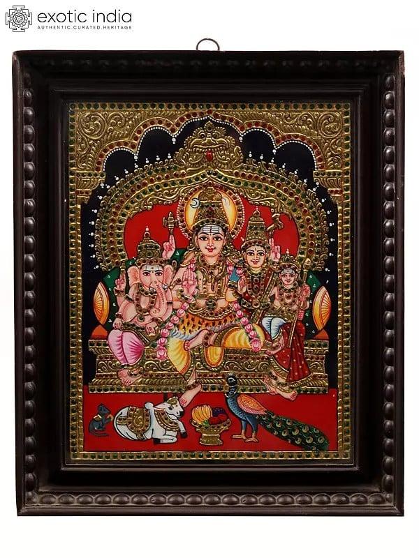 exotic india Lord Shiva Family Framed Tanjore Painting
