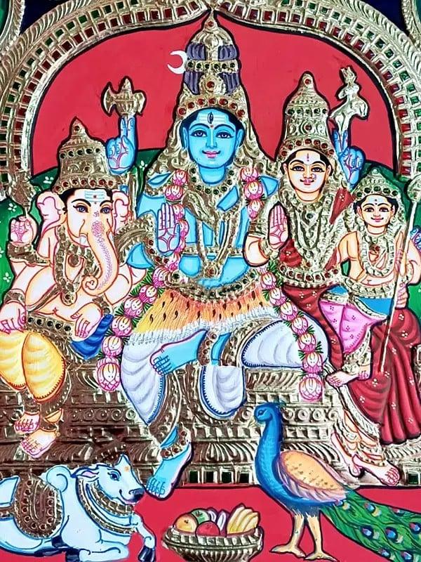 Exotic India Lord Shiva Family Tanjore Painting | Traditional Colors With Gold Work