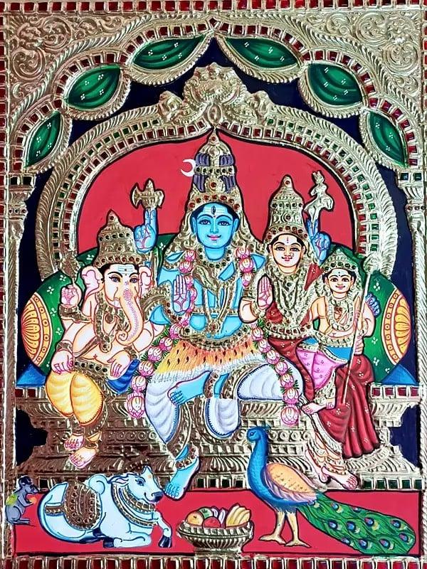 exotic india Lord Shiva Family Tanjore Painting | Traditional Colors with Gold Work 