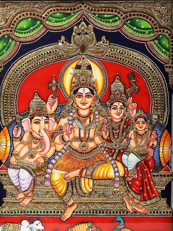 Exotic India Lord Shiva Family Tanjore Painting | With Frame