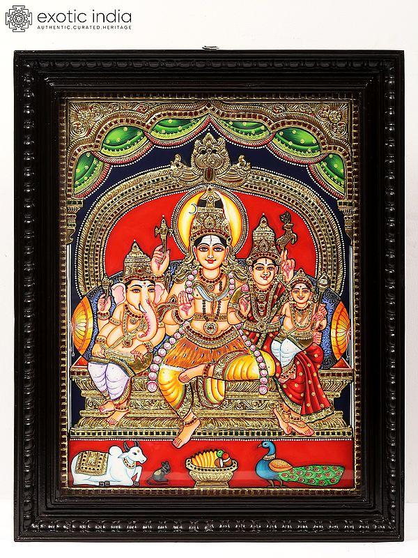 exotic india Lord Shiva Family Tanjore Painting | With Frame