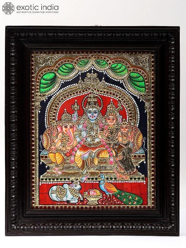 exotic india Lord Shiva Family Tanjore Painting with Frame