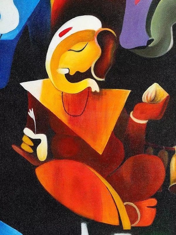 Exotic India Lord Shiva With Baby Ganesha And Nandi | Oil Painting 