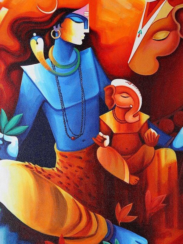 Exotic India Lord Shiva With Baby Ganesha And Nandi | Oil Painting 