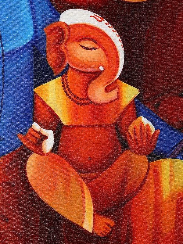 Exotic India Lord Shiva With Baby Ganesha And Nandi | Oil Painting 
