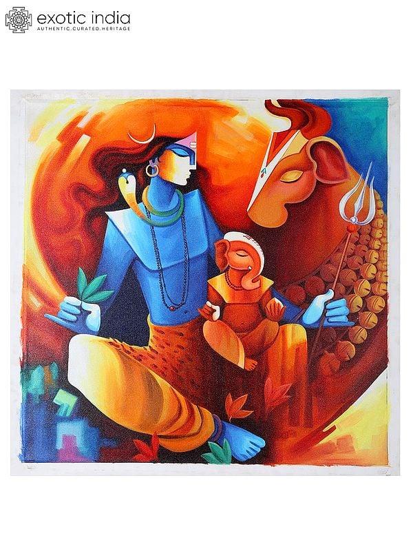 exotic india Lord Shiva with Baby Ganesha and Nandi | Oil Painting 