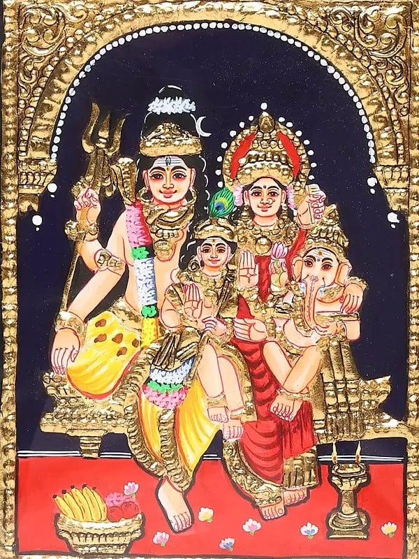 Exotic India Lord Shiva With Family Tanjore Painting | Traditional Colors With 24 Karat Gold | With Frame