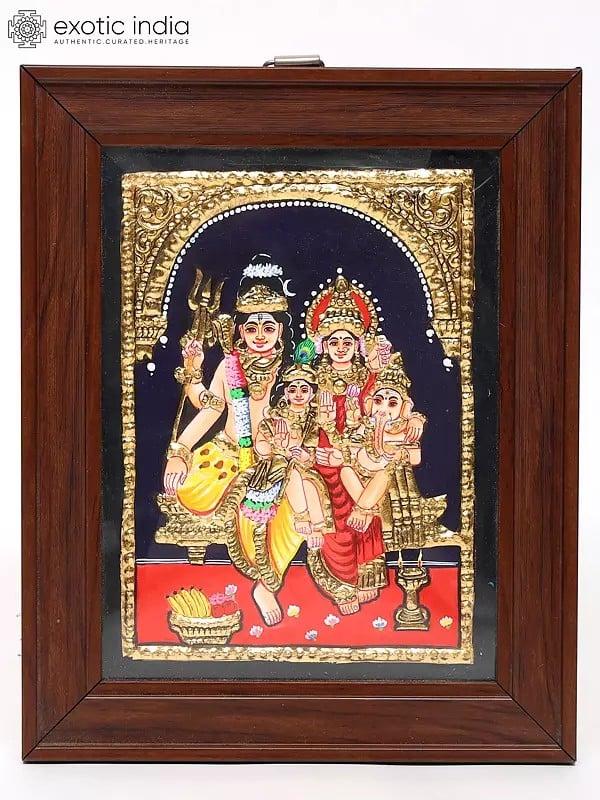 exotic india Lord Shiva with Family Tanjore Painting | Traditional Colors with 24 Karat Gold | With Frame