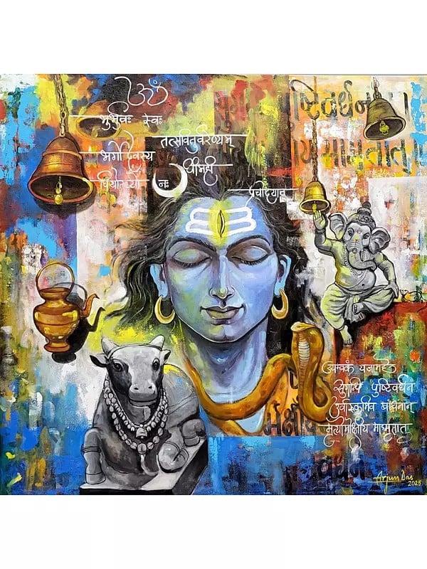 exotic india Lord Shiva With Ganesha And Nandi | Acrylic On Canvas | By Arjun Das 