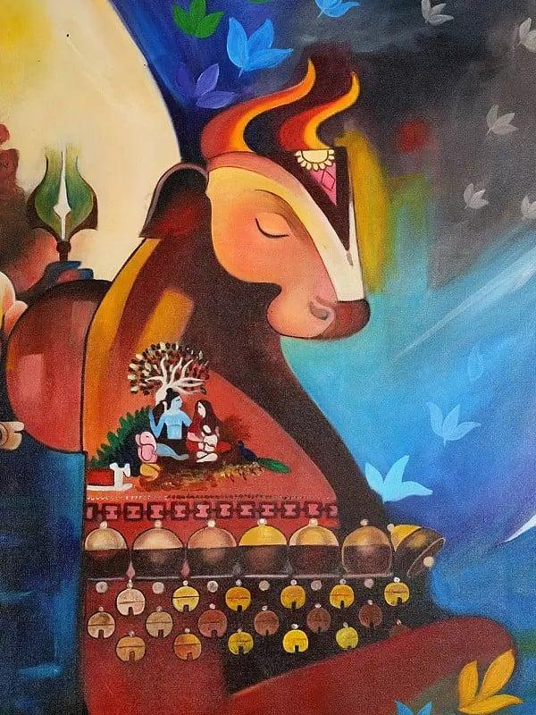 Exotic India Lord Shiva With Son Ganesha Seated On Nandi | Oil Painting 