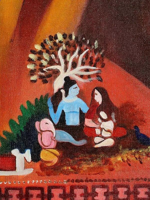 Exotic India Lord Shiva With Son Ganesha Seated On Nandi | Oil Painting 