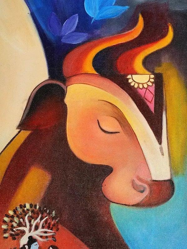 Exotic India Lord Shiva With Son Ganesha Seated On Nandi | Oil Painting 