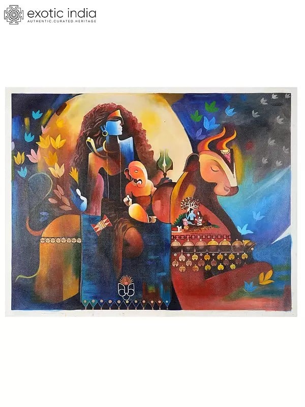 exotic india Lord Shiva with Son Ganesha Seated on Nandi | Oil Painting 