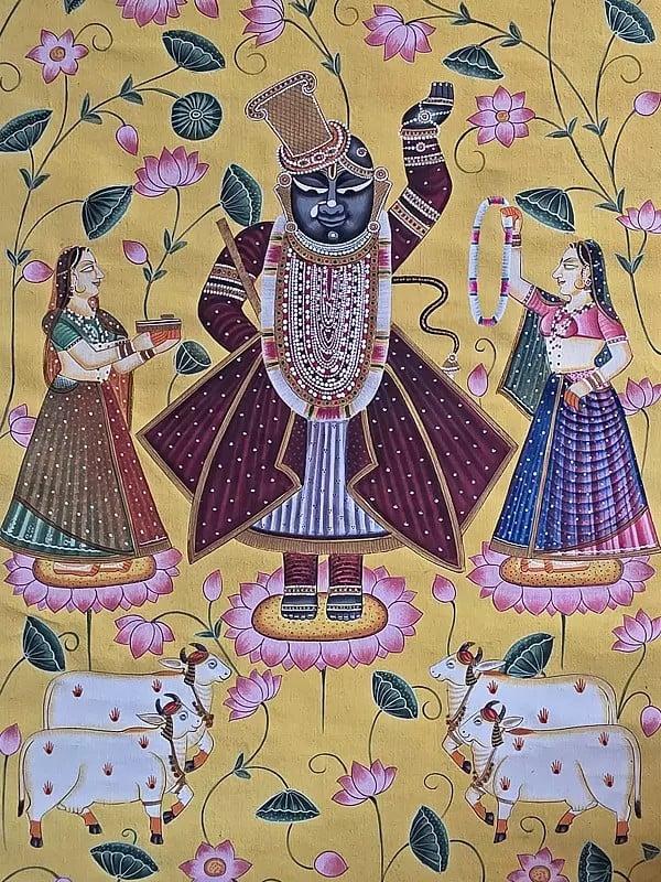 Exotic India Lord Shrinathji Darshan Pichwai Painting | Watercolor On Cotton 