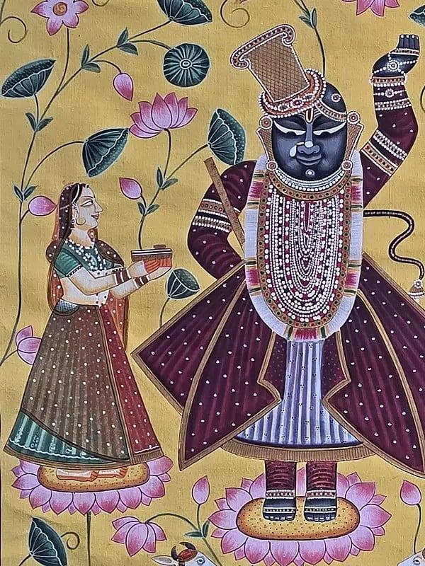 Exotic India Lord Shrinathji Darshan Pichwai Painting | Watercolor On Cotton 
