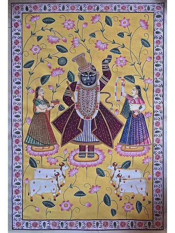 exotic india Lord Shrinathji Darshan Pichwai Painting | Watercolor On Cotton 