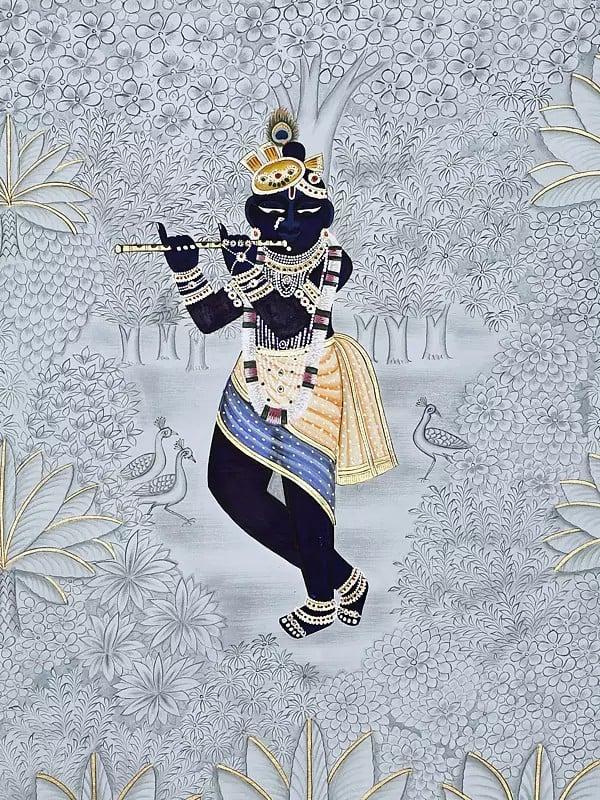 Exotic India Lord Shrinathji Playing Flute In Forest | Pichwai Art 