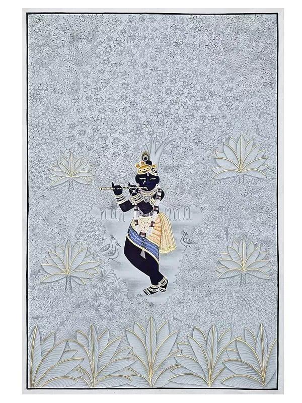 exotic india Lord Shrinathji Playing Flute In Forest | Pichwai Art 