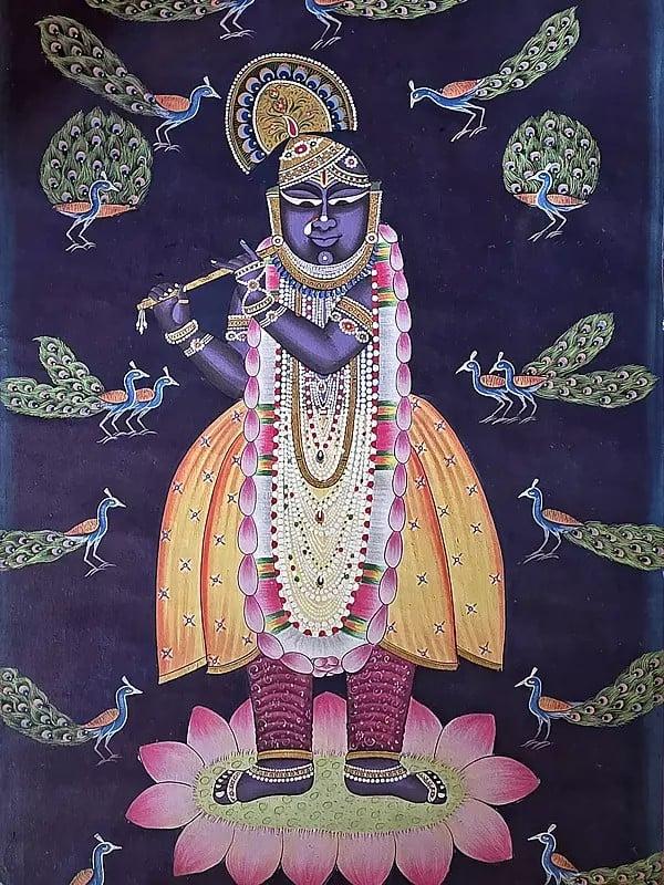 Exotic India Lord Shrinathji Playing Flute | Pichwai Art | Watercolor On Cotton 