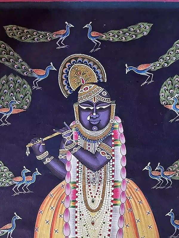 Exotic India Lord Shrinathji Playing Flute | Pichwai Art | Watercolor On Cotton 