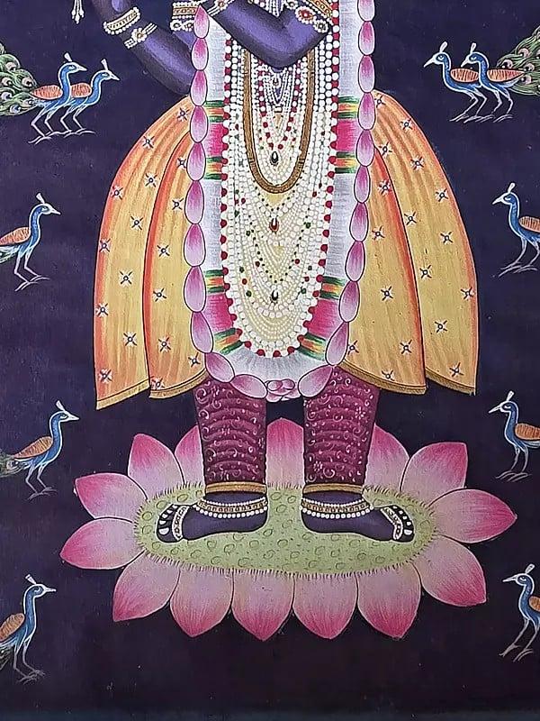 Exotic India Lord Shrinathji Playing Flute | Pichwai Art | Watercolor On Cotton 