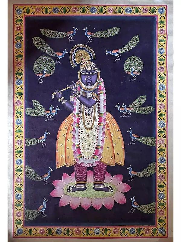 exotic india Lord Shrinathji Playing Flute | Pichwai Art | Watercolor On Cotton 