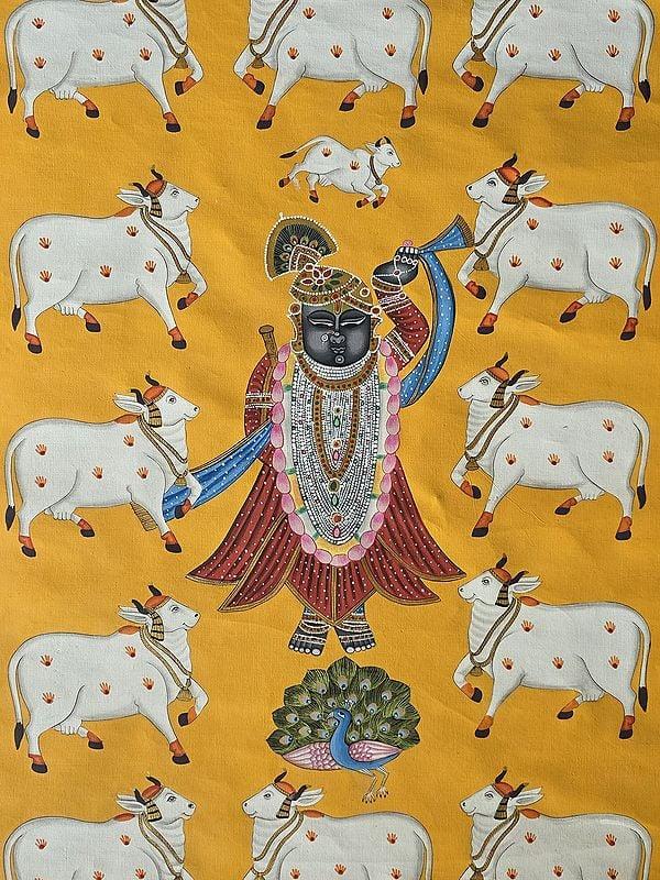 Exotic India Lord Shrinathji With Cow | Pichwai Art | Watercolor On Cotton 