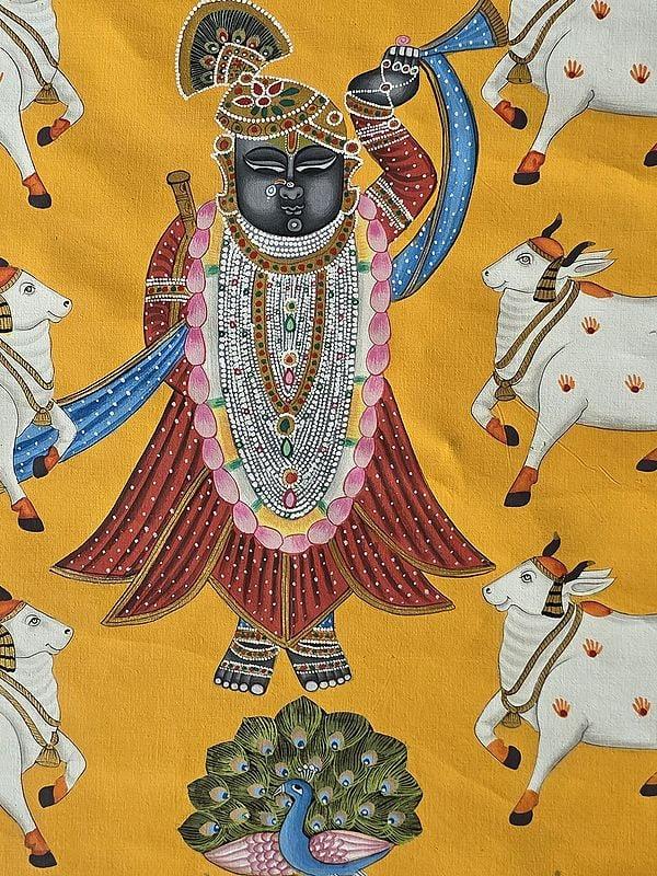 Exotic India Lord Shrinathji With Cow | Pichwai Art | Watercolor On Cotton 