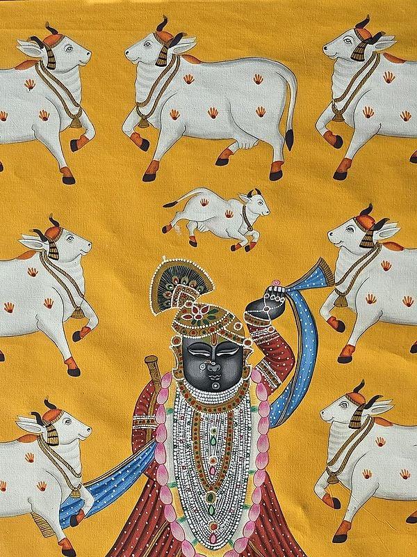 Exotic India Lord Shrinathji With Cow | Pichwai Art | Watercolor On Cotton 