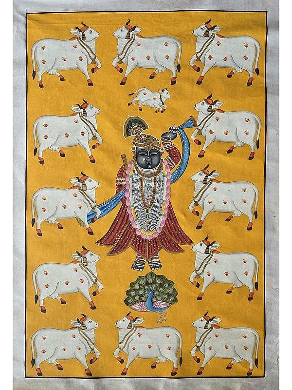 exotic india Lord Shrinathji With Cow | Pichwai Art | Watercolor On Cotton 