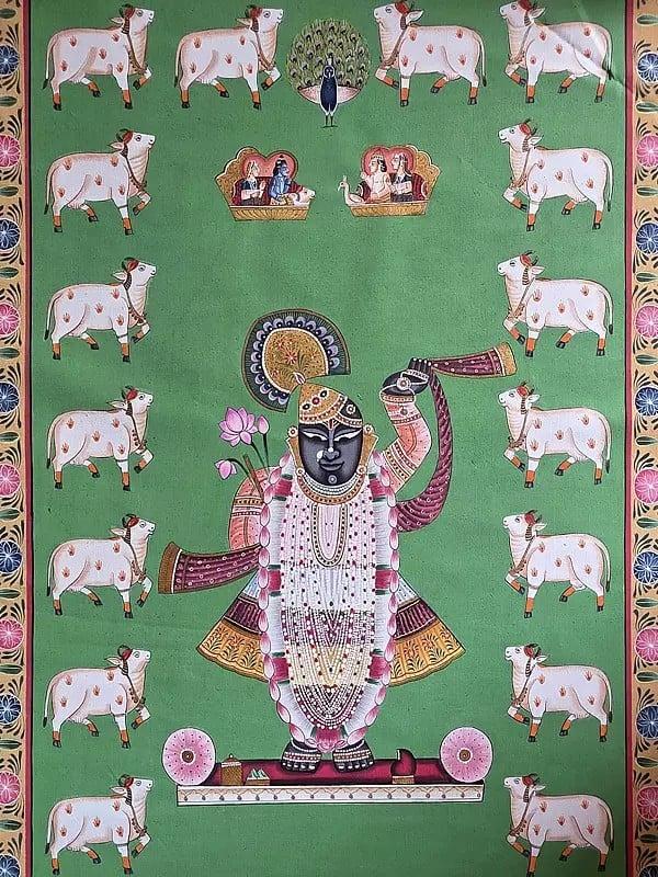 Exotic India Lord Shrinathji With Cow | Watercolor On Cotton | Pichwai Art 