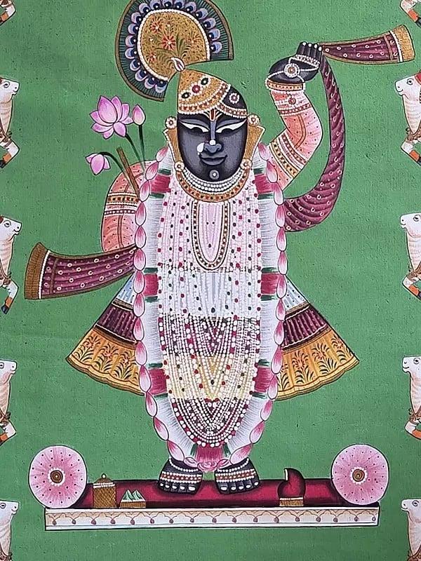 Exotic India Lord Shrinathji With Cow | Watercolor On Cotton | Pichwai Art 