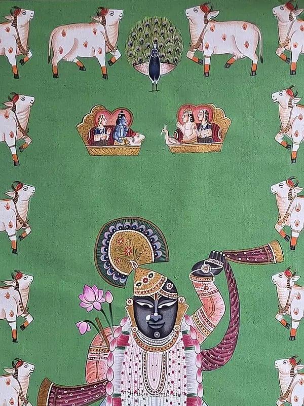 Exotic India Lord Shrinathji With Cow | Watercolor On Cotton | Pichwai Art 