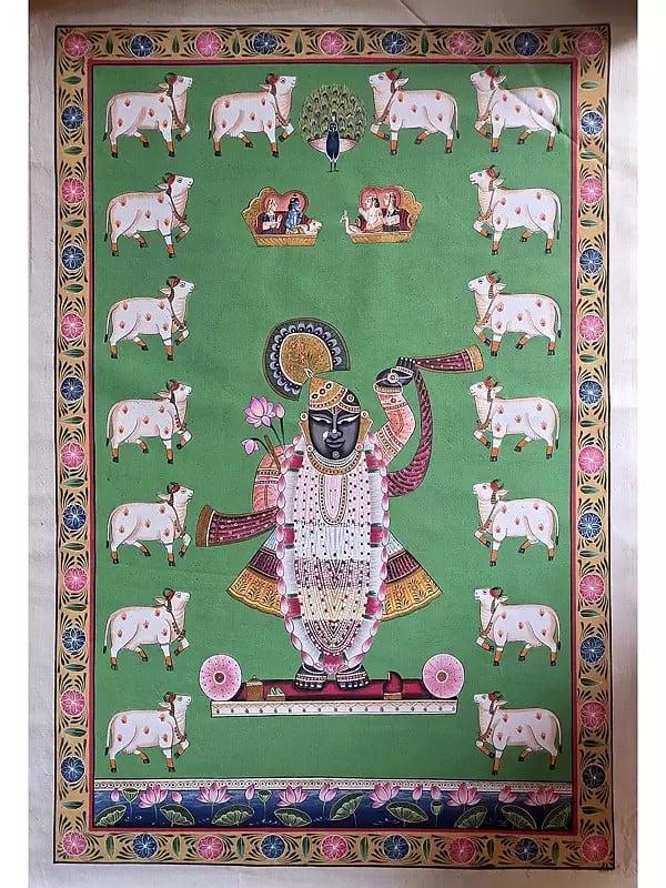exotic india Lord Shrinathji With Cow | Watercolor On Cotton | Pichwai Art 